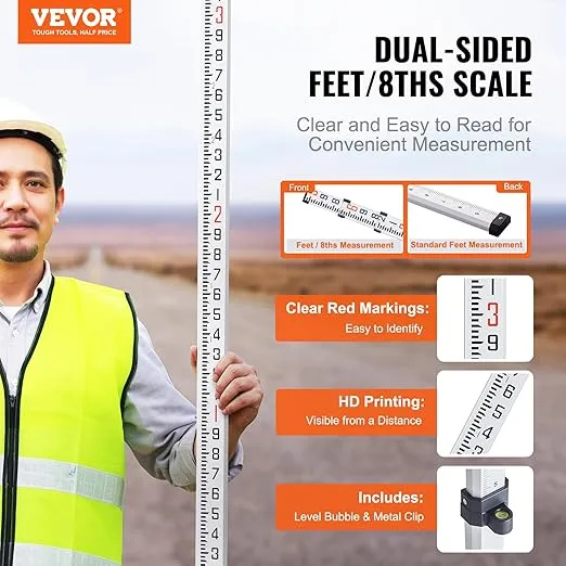 VEVOR Aluminum Grade Rod, 9-Feet/10ths 3 Sections Telescopic Measuring Rod,Double-Sided Scale 1/10ft Leveling Rod Stick,Aluminum Alloy Survey Rod with Bubble Level&Carrying Bag for Houses,Walls,Floors