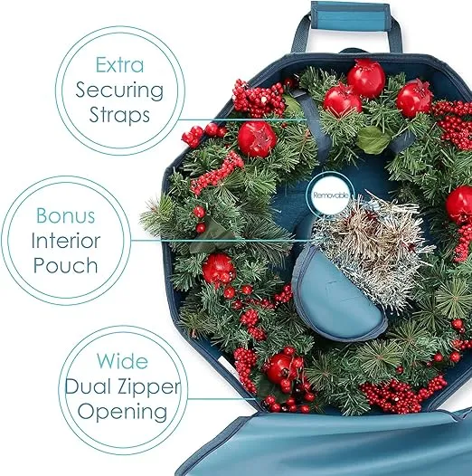 Wreath Storage Container - Hard Shell Christmas Wreath Storage Bag with Interior Pockets, Dual Zipper and Handles - 24" Premium Wreath Storage Organizer Box by Hearth & Harbor