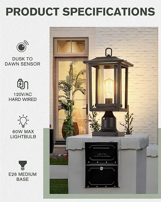 Beionxii Outdoor Post Lights, Dusk to Dawn Lamp Post Light Fixture with Pier Mount Base, Black Cast Aluminum w/Clear Glass(19" x 9") - A197P-2PK/BS