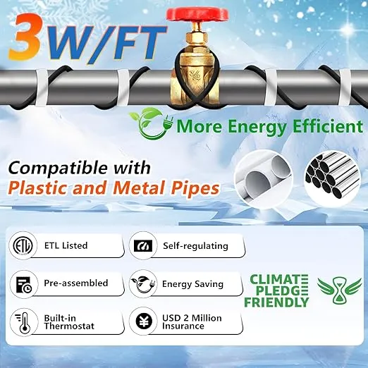 HEATIT JHSF 30ft Self-Regulating Pipe Heat Tape for Pipe Freeze Protection, Energy-Saving, Heat Cable for Water Pipes, Pipe Heating Cable with Thermostat, ETL Listed,Keeps Water Flowing at -40°F, 120V