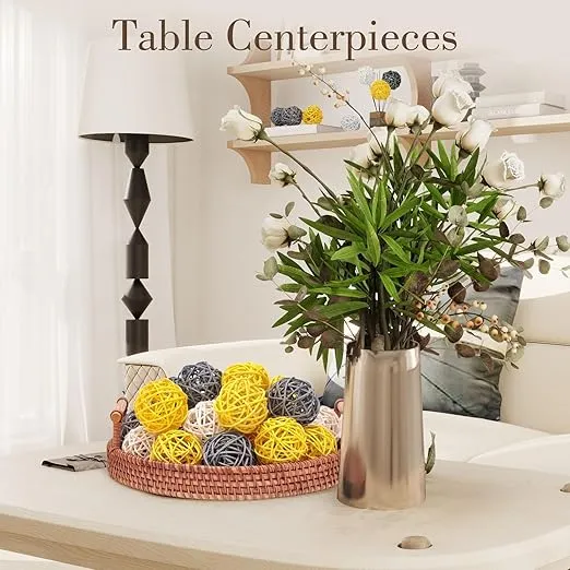 DomeStar 24PCS Yellow Decorative Balls for Bowl Centerpiece, 2 Inch Rattan Balls Wicker Balls Decorative Twig Orbs Spheres Bowl Fillers Vase Fillers Home Wedding Decor