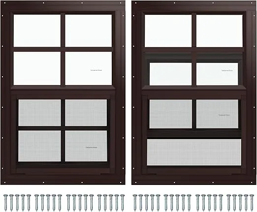 2 Pack Shed Window, Flush Mount Window with Tempered Glass for Sheds, Chicken Coops, Garage and Playhouse (Brown) (14" x 21")