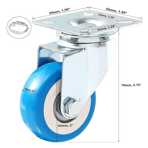 2 inch Plate Caster Swivel Plate On Blue Polyurethane Wheels 4 Pack