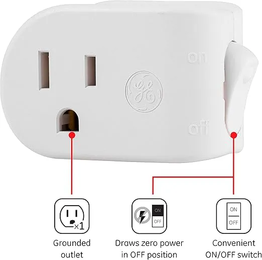 GE Grounded Power Switch, Outlet Extender, 3-Prong, Easy to Install, for Indoor Lights and Small Appliances, Energy Efficient Adapter, Space Saving Design, UL Listed, White, 25511
