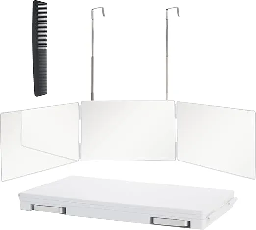360 Trifold Mirror with Height Adjustable Telescoping Hooks, Includes Black Dual-Purpose Styling Comb - Ideal for Self Hair Cutting, Makeup - Essential for Travel, Bedroom, Bathroom (White)