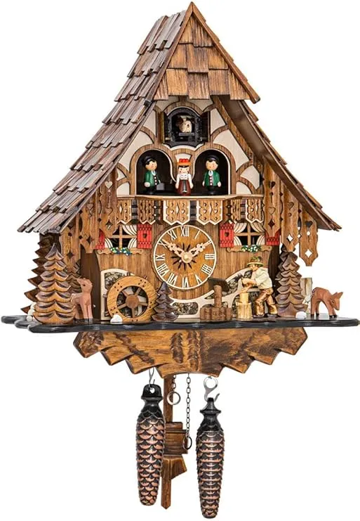 Engstler Quartz Cuckoo Clock Black Forest House with Moving Wood Chopper and Mill Wheel, with Music EN 4661 QMT