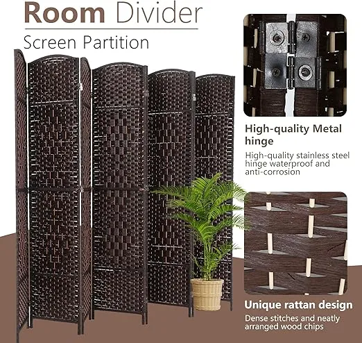 Room Divider 8 Panel Folding Privacy Divider 6 Ft Indoor Wall Divider Portable Partition Wood Screen, Brown