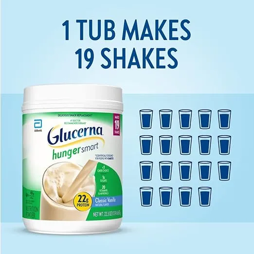Glucerna Hunger Smart Powder, Diabetic Nutrition, Blood Sugar Management, 22g Protein, 120 Calories, Classic Vanilla, 22.3-oz tub, 2 Count