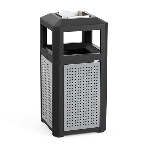 Safco Products 9933BL Evos 15 Gallon Outdoor-Indoor Perforated Galvanized Steel Disposal Commercial Waste Container, Trash Can with Rigid Plastic Liner, Ash Tray Lid, Black & Silver