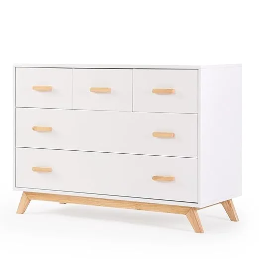 dadada Soho 5-Drawer Dresser - White Dresser for Nursery and Kids Dresser - Bedroom Dresser, Modern Chest of Drawers with Deep Drawers - Soft Close Chest of Drawers (White + Natural)