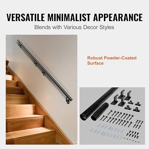 VEVOR Pipe Stair Handrail, 7FT, Wall Mount Handrails for Indoor Stairs, Thickened Aluminum Alloy Hand Rail with Installation Kit, 440 LBS Load Capacity Stairway Railing for Outdoor Stairs