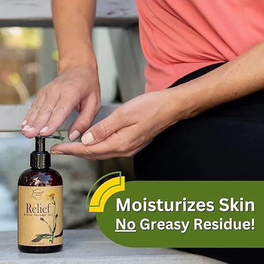 Relief Arnica Massage Oil for Massage Therapy & Home Use Therapeutic Massaging Oil Great for Lymphatic Drainage, Sore Muscles & Joints. All Natural with Arnica Montana & Lemongrass Essential Oil