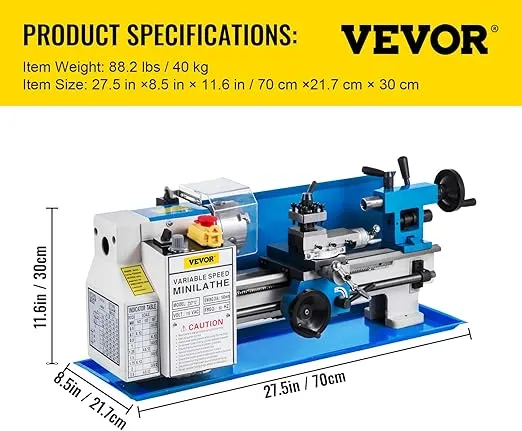 VEVOR Metal Lathe 7"x12",Precision Bench Top Mini Metal Lathe 550W, Metal Lathe Variable Speed 50-2500 RPM Nylon Gear With A Movable Lamp for Precision Parts Processing
