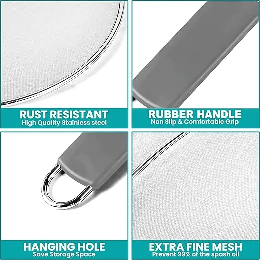 13" Grease Splatter Screen for Cooking | Stainless Steel Oil Splatter Guard and Ultra-Fine Mesh Protects Skin from Burns | TPR Tight-Grip Handle (Grey)