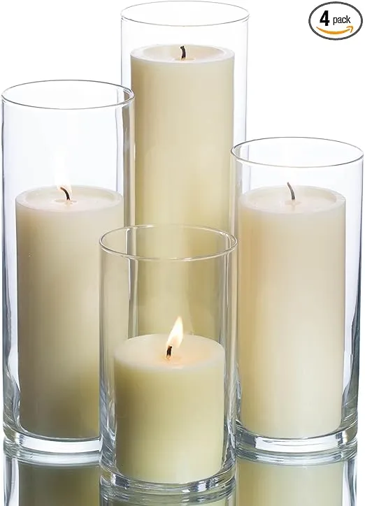 Set of 4 Glass Eastland Cylinder Vases and 4 Richland Pillar Candles 3" Ivory