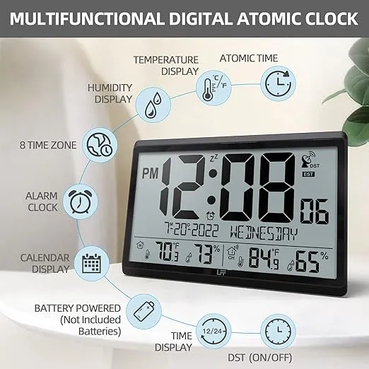 LFF Atomic Clock/Never Needs Setting, Battery Operated, Atomic Wall Clock with Indoor/Outdoor Temperature & Humidity, Wireless Outdoor Sensor, 15" Digital Wall Clock with 4.5" Numbers Easy-to-Read