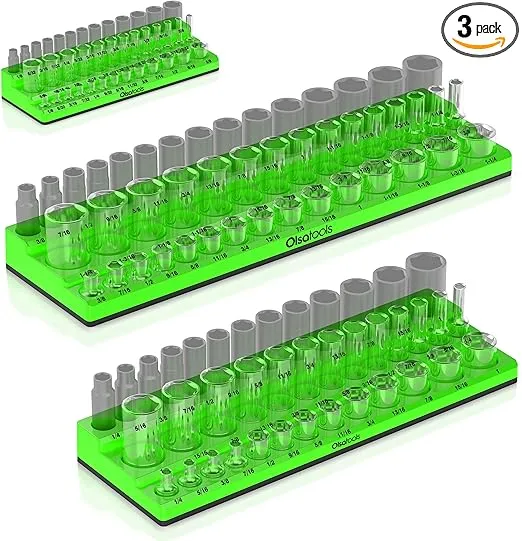 Olsa Tools Magnetic Socket Organizer | 3pc Socket Holder Kit | 1/2-Inch, 3/8-Inch, 1/4-Inch Drive | Socket Organizers For Toolboxes | Green | Holds 123 | Professional-Grade Tool Organizer | Part 1561