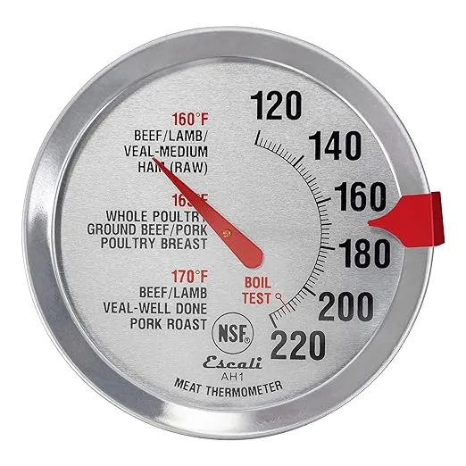 Escali AH1 Stainless Steel Oven Safe Meat Thermometer, Extra Large 2.5-inches Dial, Temperature Labeled for Beef, Poultry, Pork, and Veal Silver NSF Certified