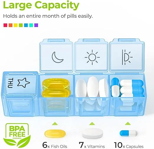 AUVON iMedassist Moisture-Proof Weekly Pill Organizer 4 Times a Day, Large 7 Day Pill Box Portable for Travel with Removable Individual Pill Containers to Hold Vitamins, Supplements and Medication