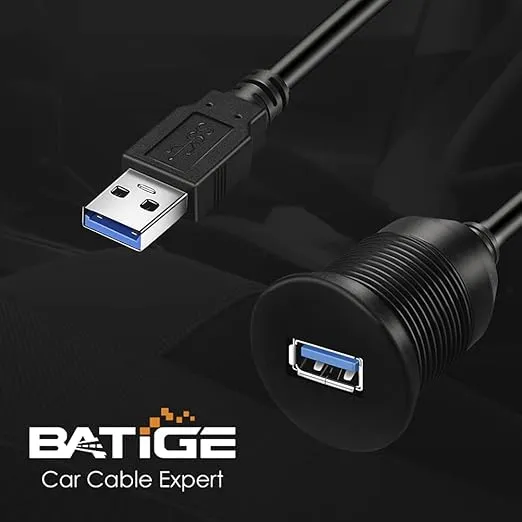 BATIGE Single Port USB 3.0 Male to Female AUX Car Mount Flush Cable Waterproof Extension for Car Truck Boat Motorcycle Dashboard Panel 1ft