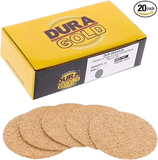 Dura-Gold Premium 2" Gold Hook & Loop Sanding Discs - 40 Grit (Box of 20) - High-Performance Extra Coarse Cut Abrasive Sandpaper Discs - for DA Sanders Drill, Sand Automotive Paint, Woodworking Wood