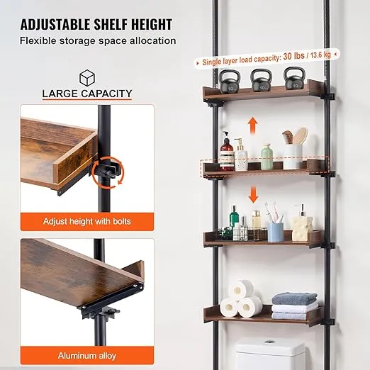VEVOR Over the Toilet Storage, 4-Tier Adjustable Over Toilet Bathroom Organizer, Low-carbon Steel 53"-132" Tall Storage Shelf Rack, Easy Assembly Laundry Space Saver, for Small Rooms, Fit Most Toilets