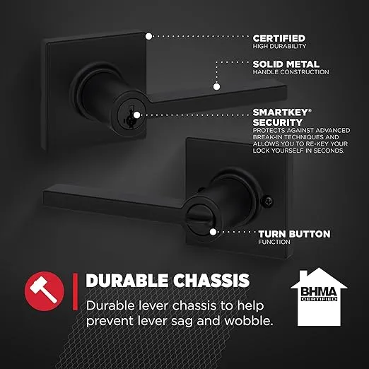 Kwikset Casey Entry Door Handle with Lock and Key, Secure Keyed Reversible Lever Exterior, For Front Entrance and Bedrooms, Matte Black , Pick Resistant Smartkey Rekey Security and Microban