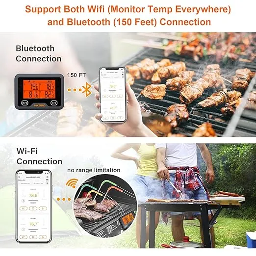 Bluetooth and WiFi Meat Thermometer IBBQ-4BW, Smart Wireless Grill Thermometer, 4 Color Probes | Mobile Notification, High/Low Timer, Rechargeable Digital Bluetooth Thermometer for Smoker Oven Kitchen