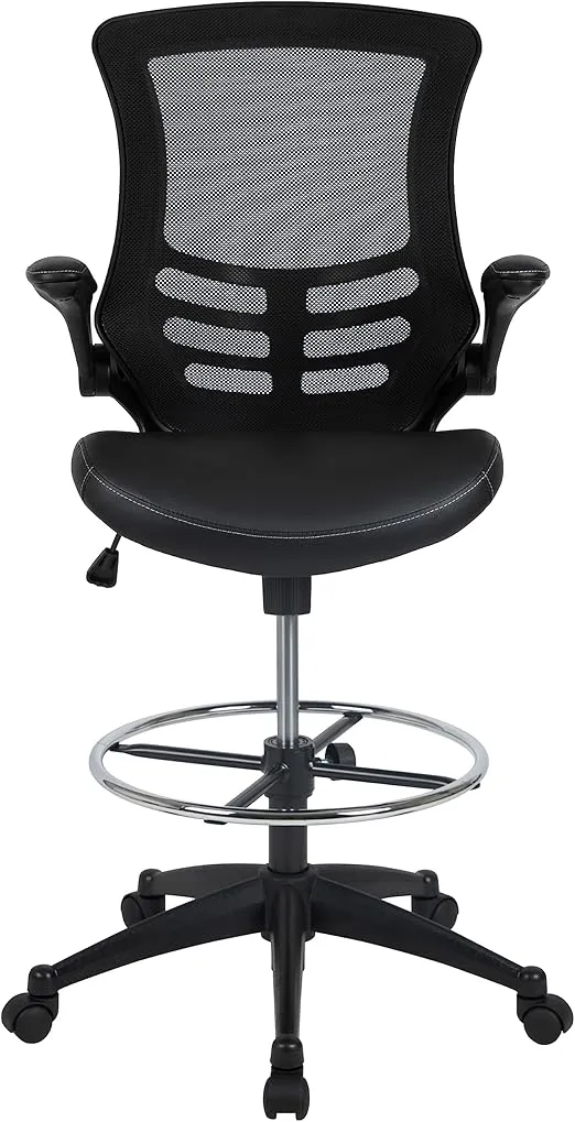 Flash Furniture Kelista Mid-Back Swivel Office Chair with Adjustable LeatherSoft Seat Height, Ergonomic Mesh Chair with Flip-Up Arms, Black