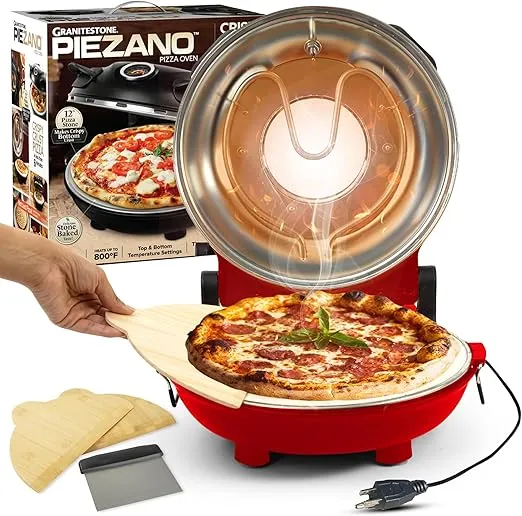 PIEZANO Crispy Crust Pizza Oven by Granitestone – Electric Pizza Oven Indoor Portable, 12 Inch Indoor Pizza Oven Countertop, Pizza Maker Heats up to 800˚F for Stone Baked Pizza at Home - Red