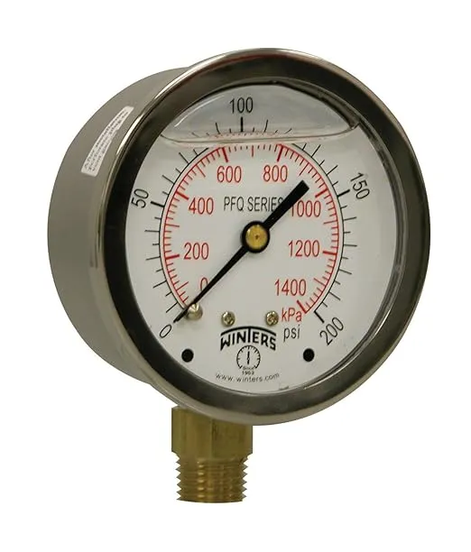 Winters 2-1/2" Dial Size, Liquid Filled Industrial Pressure Gauge, Brass Internals, 304 Stainless Steel Case, Dual Scale 0-200 psi/kPa, 1.5% Acc, 1/4" NPT Bottom Mount, Glycerin Filled Pressure Gauge