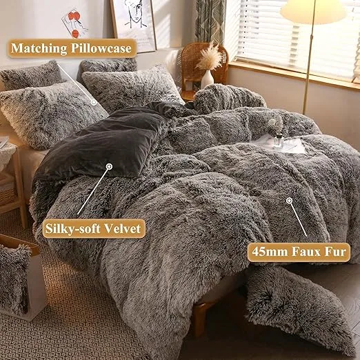 XeGe Plush Shaggy Duvet Cover Set, Luxury Ultra Soft Velvet Fluffy Bedding Sets 3 Pieces(1 Furry Faux Fur Comforter Cover + 2 Fuzzy Faux Fur Pillow Cases), Zipper Closure(Queen, Dark Gray Ombre)