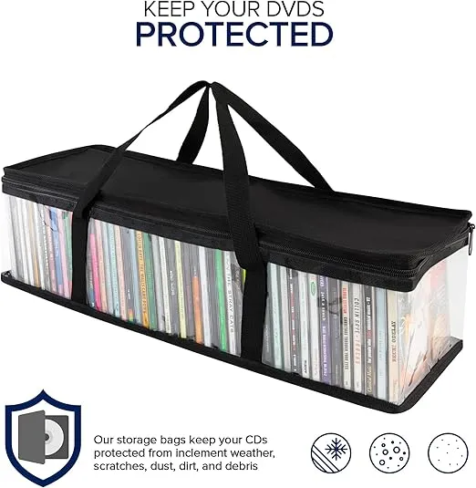 Stock Your Home CD Storage Bags (2 Pack) - Transparent PVC Media Storage - Water Resistant CD Holder Case with Handles - Clear Plastic Carrying Game Bag Storage for CDs, Albums, Video Games, Books