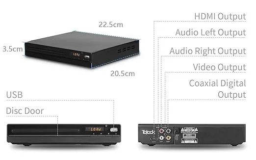 HD DVD Player, CD Players for Home, DVD Players for TV, HDMI and RCA Cable Included, Up-Convert to HD 1080p, All Region, Breakpoint Memory, Built-in PAL/NTSC, USB 2.0, Tojock