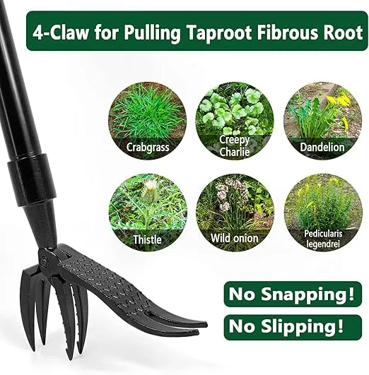 Stand Up Weed Puller Tool with 48 inch Handle, 4-Claw Steel Head Design, Easily Remove Weeds Without Bending or Kneeling, Black