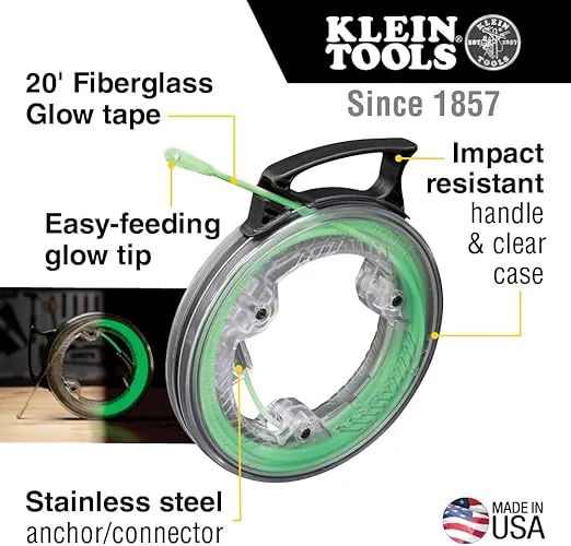 Klein Tools 50550 20-Foot Glow In The Dark Fish Tape, Made in USA, Fiberglass with Nylon Tip and Stainless-Steel Connector for Fish Rod Attachments