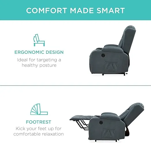 Best Choice Products PU Leather Electric Power Lift Chair, Recliner Massage Chair, Adjustable Furniture for Back, Legs w/ 3 Positions, USB Port, Heat, Cupholders, Easy-to-Reach Side Button - Blue