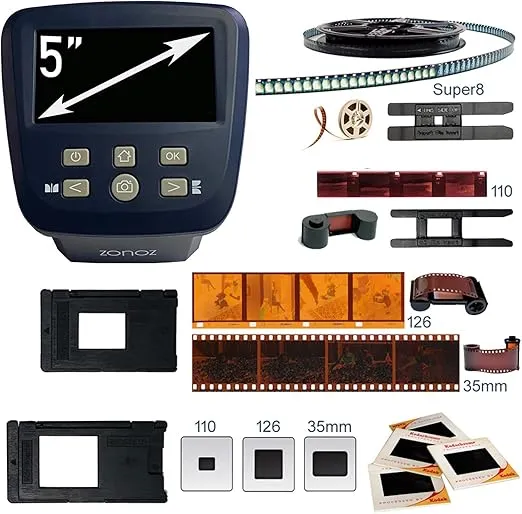 zonoz FS-Five Digital Film & Slide Scanner - Converts 35mm, 126, 110, Super 8 & 8mm Film Negatives & Slides to JPEG - Includes Large Bright 5-Inch LCD & Easy-Load Film Inserts Adapters