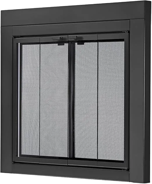 UniFlame - Roman - Bi-fold Style Fireplace Doors with Smoke Tempered Glass (Color: Black, Size: Small - Fits Opening 30in to 37in W x 22.5in to 29.5in H)