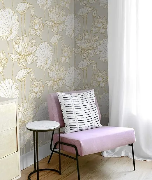 NextWall Lotus Floral Peel and Stick Wallpaper (Metallic Gold & Gray)