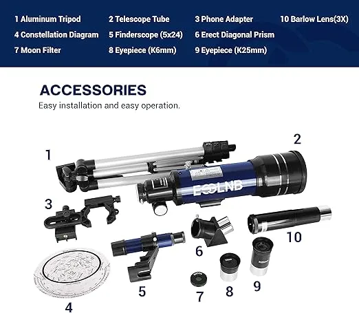 ESSLNB Telescope for Adults, 70mm Aperture Refractor Telescopes (15X-180X) for Astronomy Beginners, Portable Travel Telescope with Phone Adapter & Adjustable Tripod