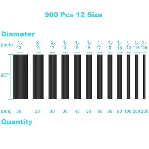 900Pcs Wire Heat Shrink Tubing Kit, Industrial Heat-Shrink Tubing for Wires, 2:1 Marine Grade Heat Shrink Wrap, Premium Large Electrical Waterproof Heat Shrink Tape (Black 12 Sizes) DHOOZ