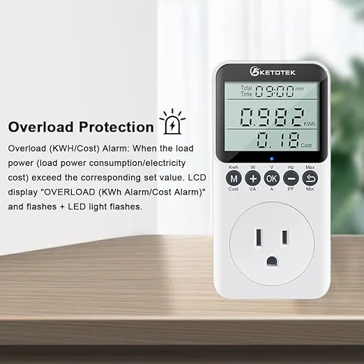 Watt Meter Plug-in Socket Power Meter, Kilowatt Wattage Voltage Tester, Home Electricity Usage Monitor Overload Protection, LCD Display Energy Voltage Amps Power Consumption Meter