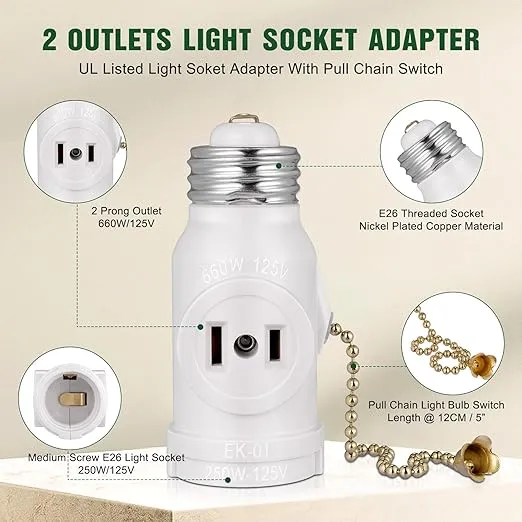 2 Outlet Light Socket Adapter, E26 Bulb Socket to Outlet Splitter,Converts Medium Screw Socket into a Socket with Two outlets,Polarized Outlet,with Pull Chain Switch. UL Listed, White (2-Pack)