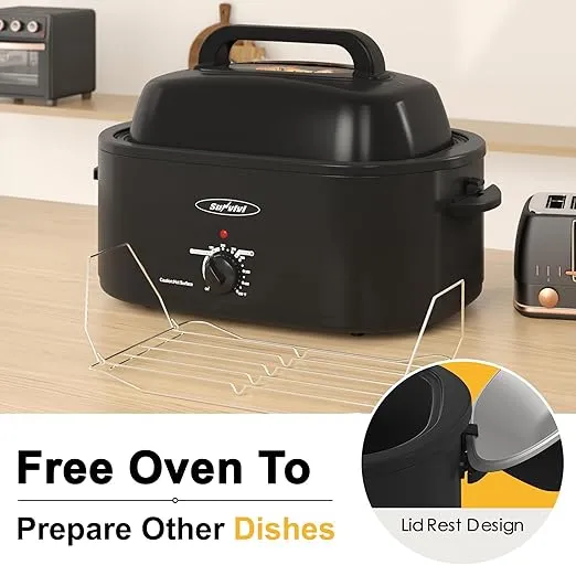 Sunvivi 26 Quart Electric Roaster Oven Turkey Roaster with Lid Electric Roasters with Removable Pan Large Roaster,Visible & Self-basting Lid, Fast Heating & Thaw/warming Setting,Black