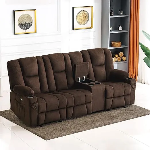 MCombo Power Reclining Sofa with Heat and Vibration,USB Ports, Cup Holders,3-Seat Dual Recliner Sofa with Console for Living Room 6035 (Brown)