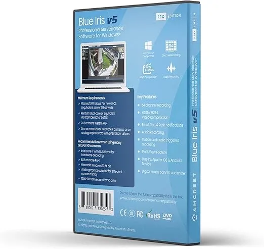 Amcrest Blue Iris Professional Version 5 - Supports Many IP Camera Brands Including Amcrest, Zone Motion Detection, H.265 Compression Recording, E-Mail and SMS Text Messaging Alerts!(BLUEIRISCD-V5)