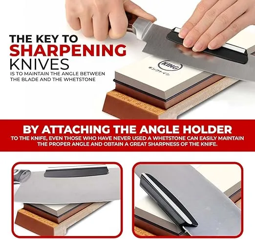 KING Whetstone Starter Set Include 1000/6000 Grit Combination Whetstone made in Japan, Knife Angle Holder, B&B Japan Original Wiping Cloth and Stable Plastic Base