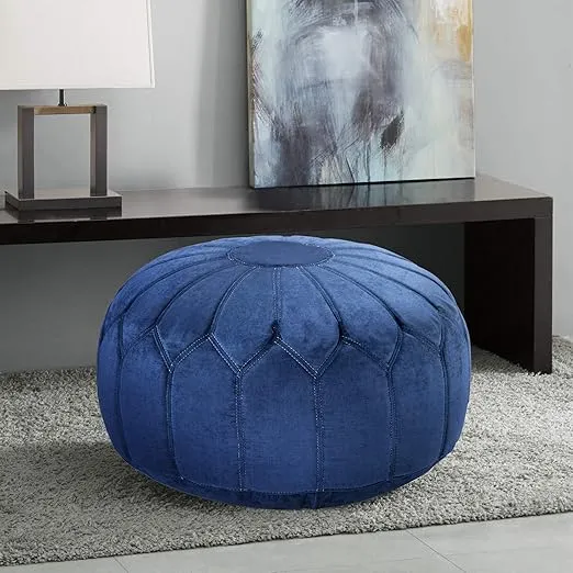 Madison Park Kelsey Round Floor Pillow Pouf Large-Soft Fabric, Polystyrene Beads Fill Ottoman Foot Stool-1 Piece Mid-Century Modern Floral Design Oversized Beanbag, Blue