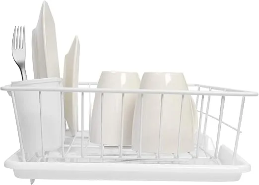 Sweet Home Collection Metal, Plasic 3 Piece Dish Drainer Rack Set with Drying Board and Utensil Holder, 12" x 19" x 5", White